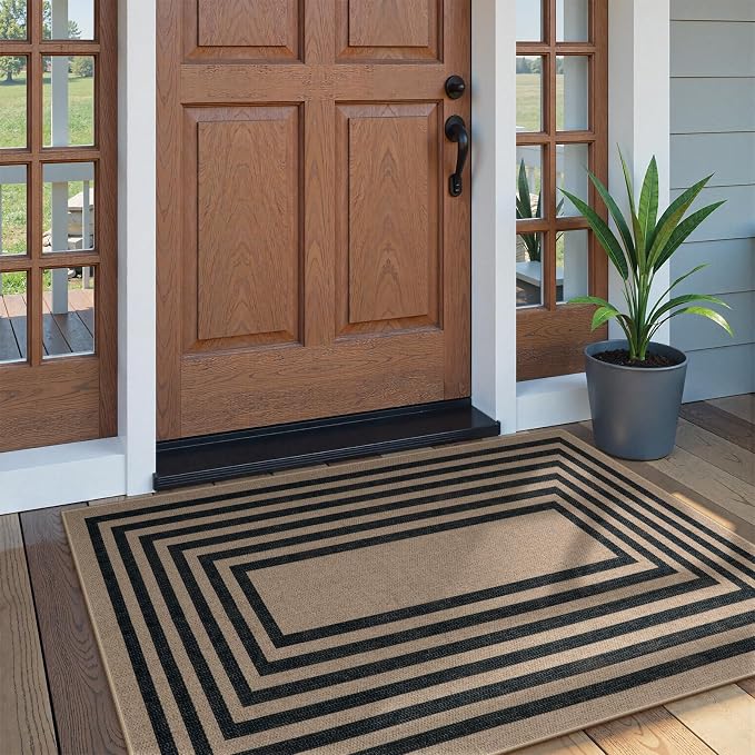 Lahome Modern Geometric Easy Jute Outdoor Rug, 3x5 Black Washable Kitchen Rugs - Image 2