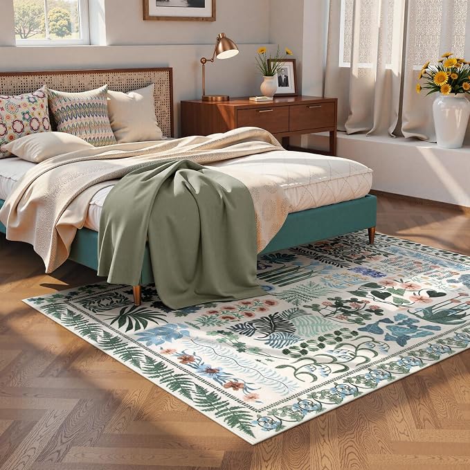 Floral Boho 5x7 Area Rugs for Bedroom Living Room, Botanical Soft Dining Room - Image 3