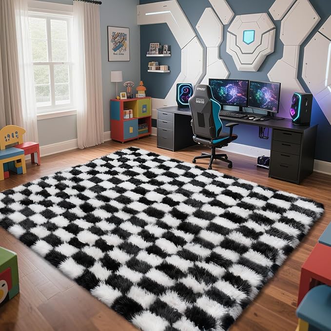 Checkered Rug for Living Room, 6x9 Black and White Area Rugs, Classic Checkered by Yongyangjuxi