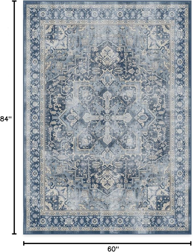 RUGGABLE Washable Vintage Area Rug – Kamran Admiral Blue 5x7, Stain-Resistant - Image 2