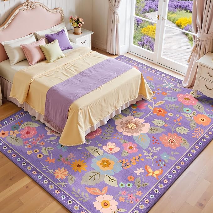 Floral 9x12 Area Rug Machine Washable Soft Print Boho Carpet Non Slip Doormat - Image 2