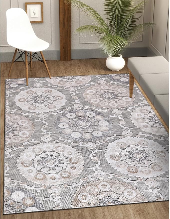 CAMILSON Indoor Outdoor Rug 9x12 Bohemian Medallion Floral Area Rugs - Image 3