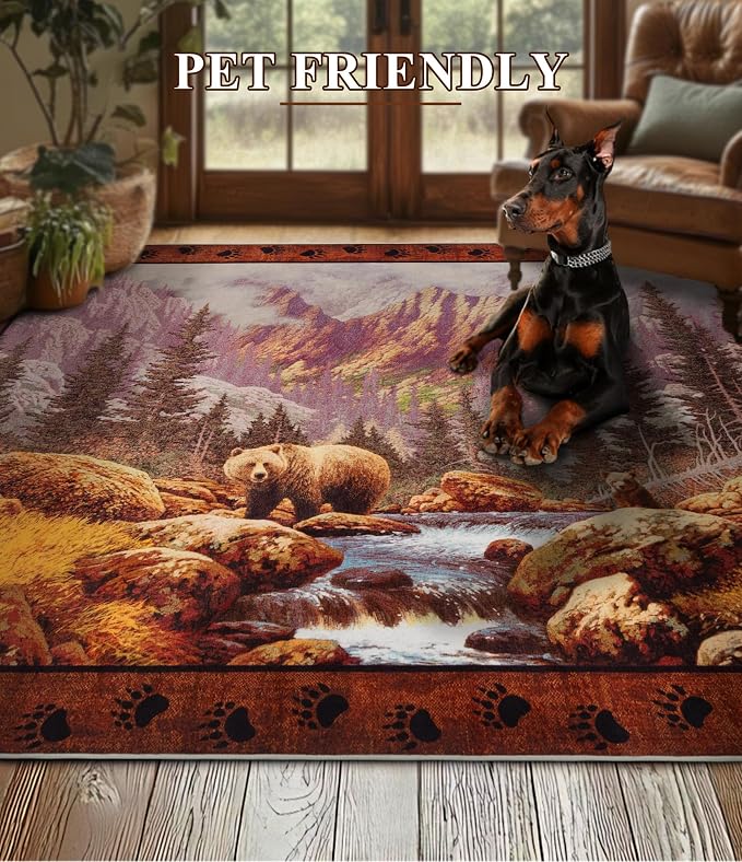 YIHOUSE Rustic Cabin Area Rug for Bedroom 5x7, Machine Washable Woodland Bear - Image 6