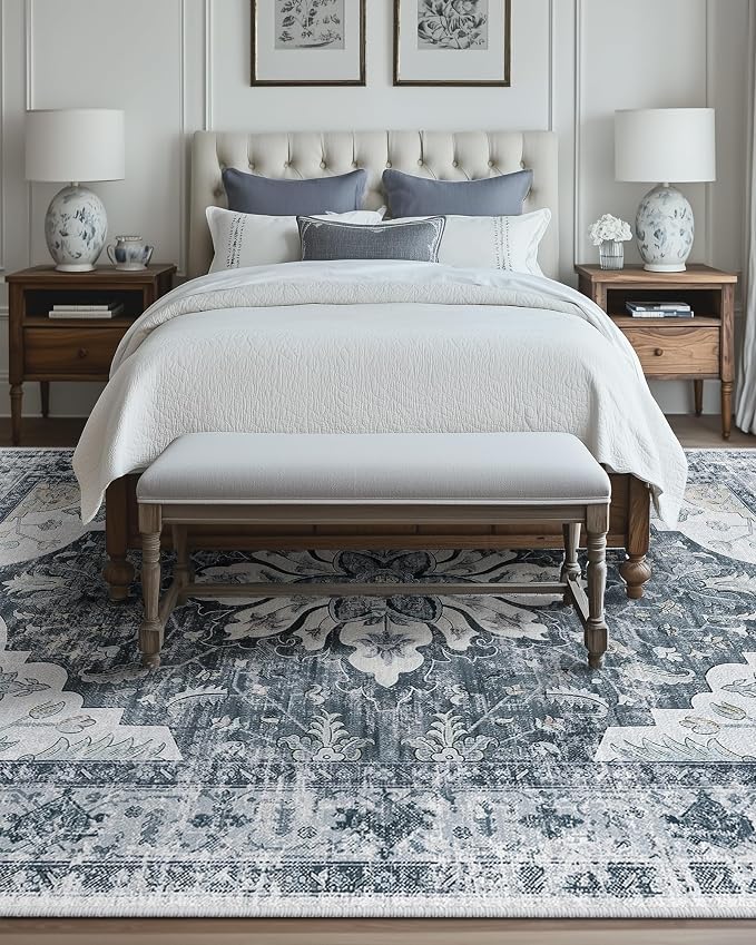 Area Rugs 10'x14' Washable Non-Slip, Floral Vintage Distress Print Pattern - Image 3