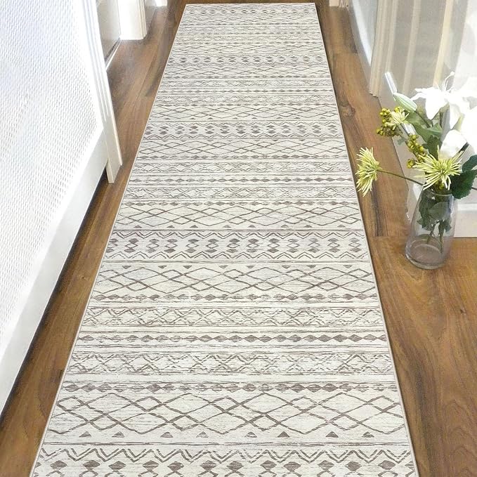 KUTA Moroccan Boho Runner Rug 2.6x10 Non-Slip Vintage Beige Washable Hallway - Image 3