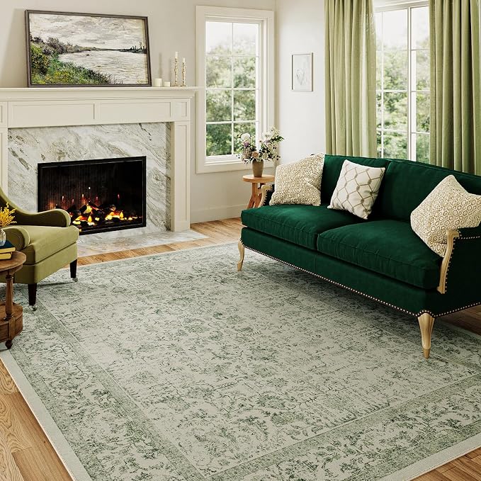 Sage Green Area Rug 4x6 Washable Office Entryway Carpet Vintage Distressed Non - Image 5