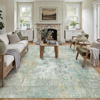 9x12 Area Rug Teal Beige Abstract Living Room Bedroom Washable Carpet Neutral by WondRg