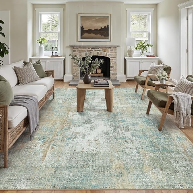9x12 Area Rug Teal Beige Abstract Living Room Bedroom Washable Carpet Neutral by WondRg