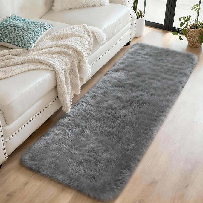 2x6 Solid Fluffy Grey Area Rug – Washable, Small Bedroom Runner Rug, Non-Slip - Image 4