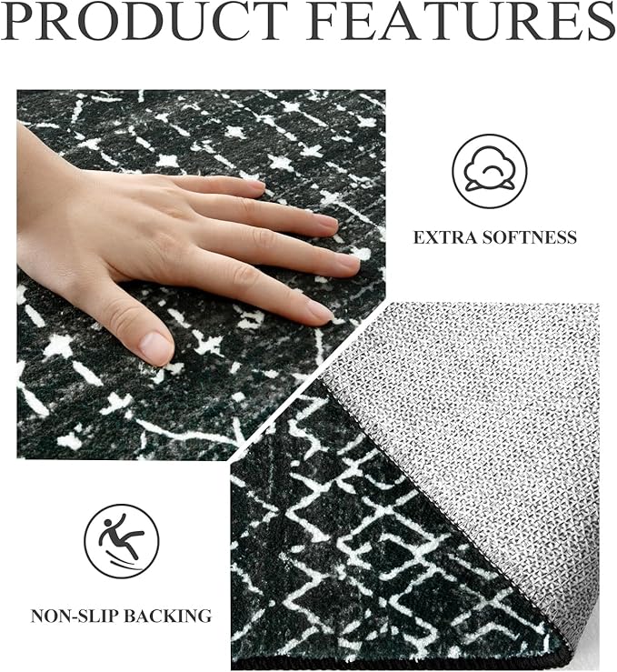Lahome Moroccan Black Area Rug for Living Room 3x5 Non-Slip Washable Stain - Image 4