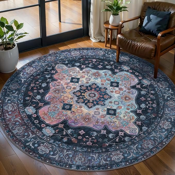 Tangsoo Vintage Round Rug 5ft, Washable Circle Rug, Non Slip Boho Round Area Rug - Image 2