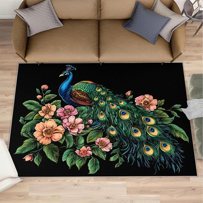 Peacock Peony Rugs for Bedroom by STRELEC