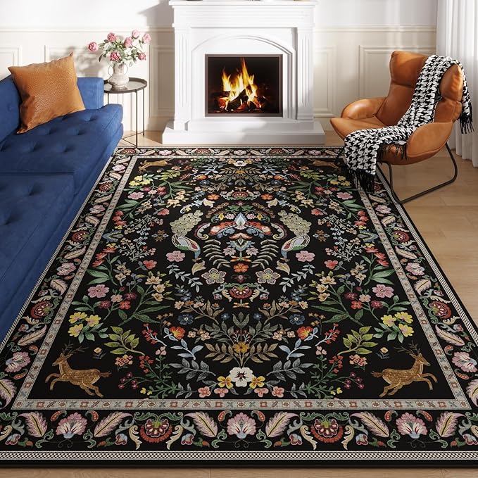 Living Room Rug 5x7 Rug Machine Washable Area Rug Floral Non-Slip Low Pile by Rugcomf