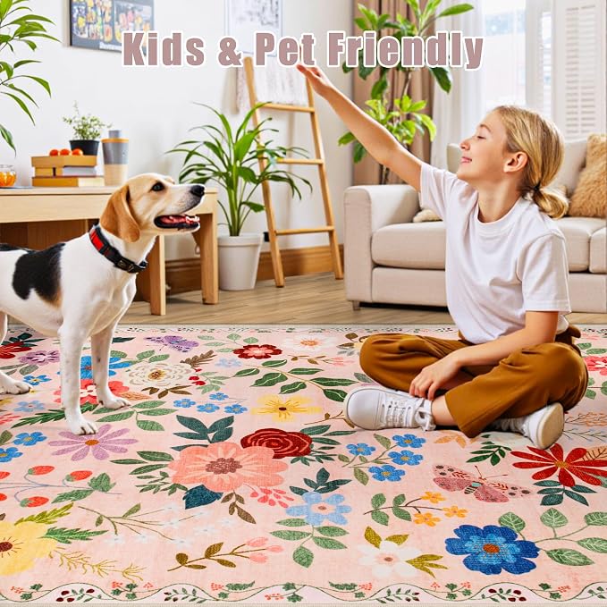 Area Rug Living Room Rugs: Floral 4x6 Washable Rug Vintage Soft Boho Non-Slip - Image 8