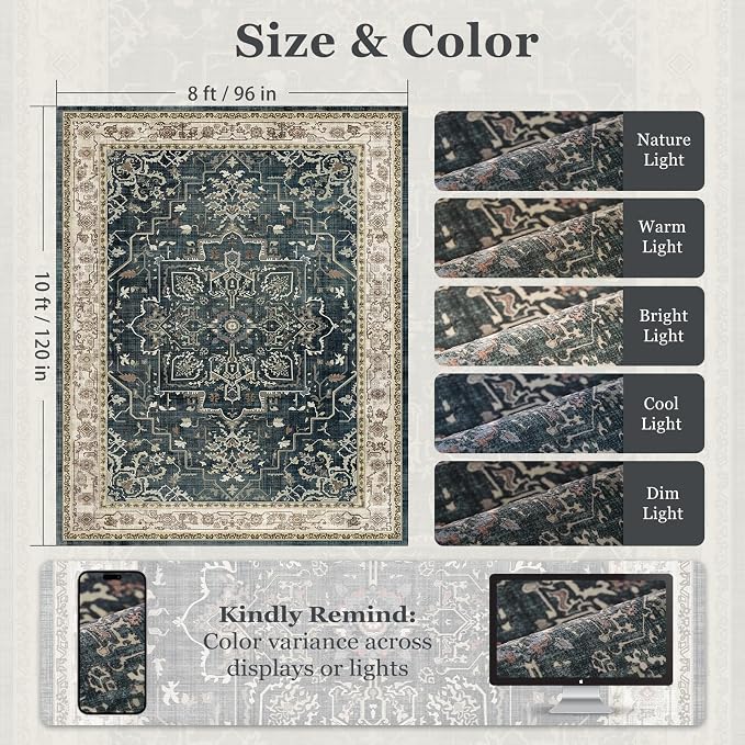Vintage Distressed 8x10 Rugs for Living Room Bedroom, Washable Non Slip Dining - Image 2