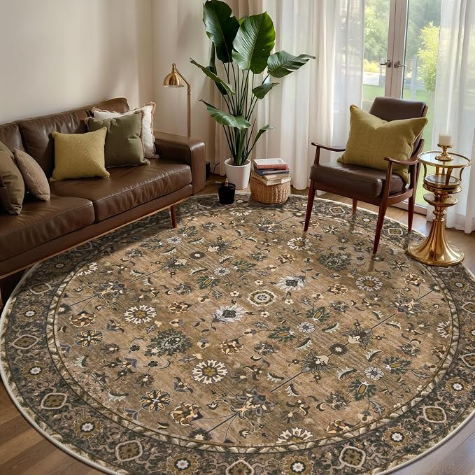 Tangsoo Vintage Round Rug 6ft, Washable Circle Rug, Non Slip Boho Round Area Rug by Tangsoo