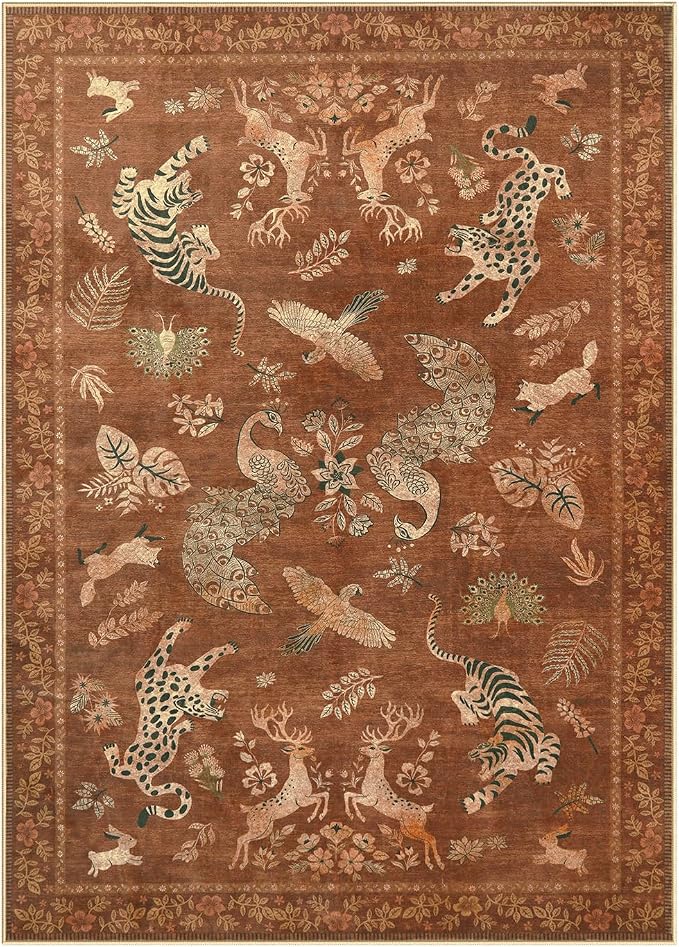 Moynesa Orange 5x7 Bedroom Rugs, Vintage Peacock Floral Washable Area Rugs - Image 2