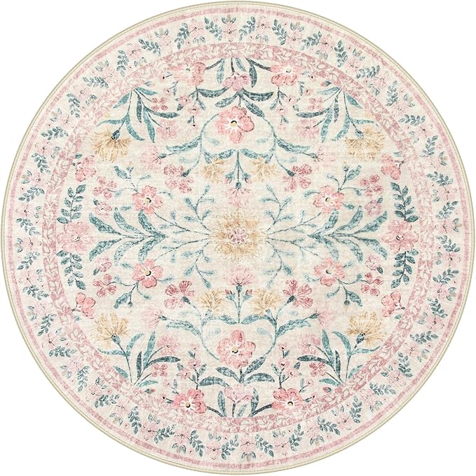Wonnitar Pink Floral Round Rugs 5ft, Soft Circle Rug Non Slip Washable Round - Image 9