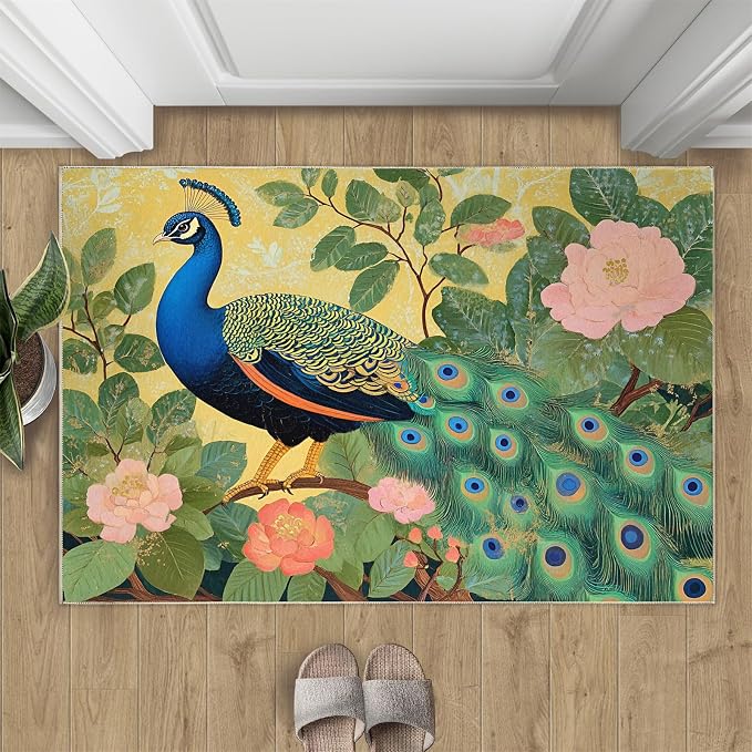 Peacock Peony Rugs for Bedroom by STRELEC