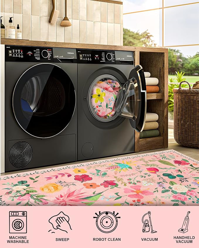 Boho Washable Area Rug 5x7 – Floral Low Pile Non-Slip Carpet - Image 4