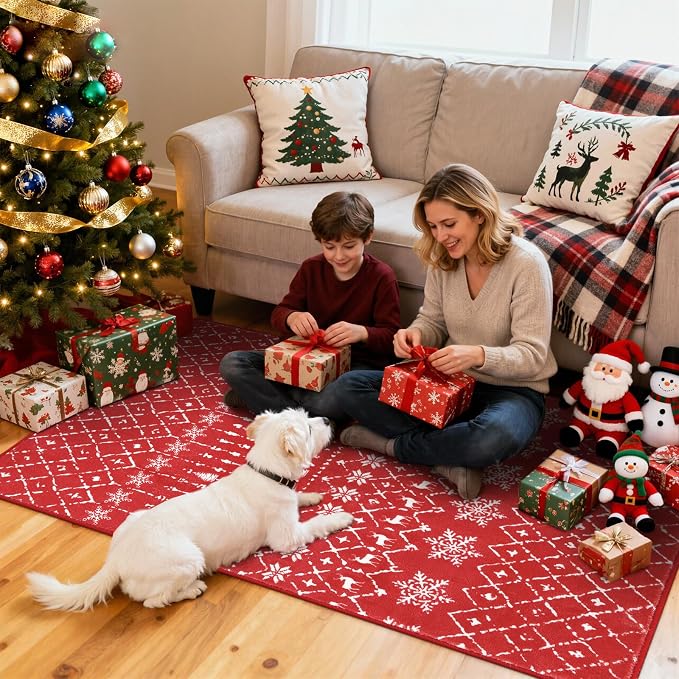 Lahome Christmas Rug 3x5 Red Washable Non Slip Small Area Rug Soft Low Pile - Image 3