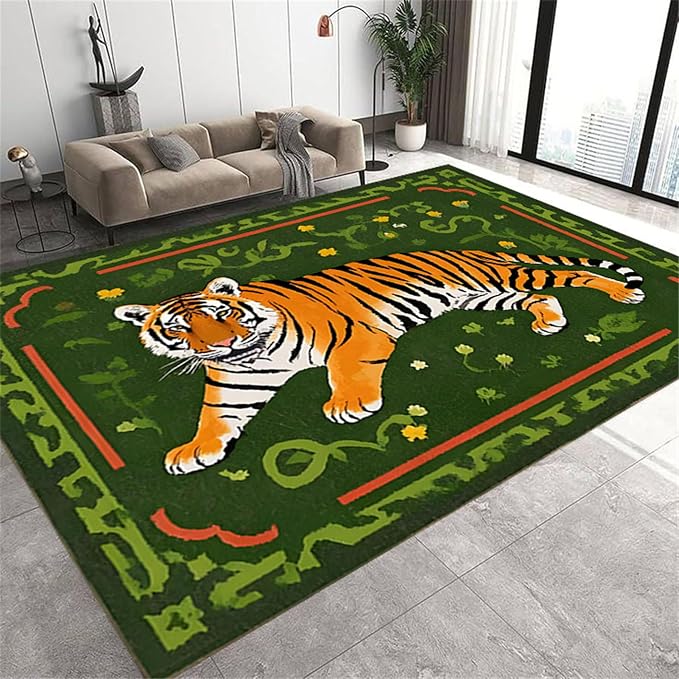 Jungle Tiger Area Rug, Cozy Jungle Style Tiger Print Area Rug Surrounded by - Image 3