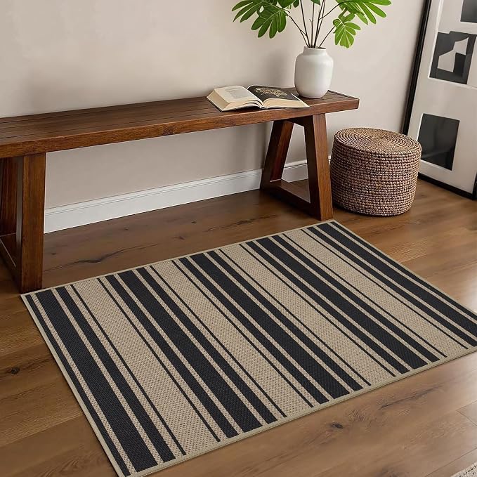 Striped Easy Jute Entryway Rug 2x3 Indoor Outdoor Front Door Mat Washable Non - Image 7