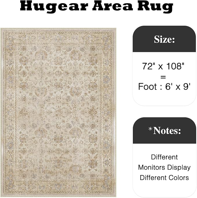 HUGEAR 6x9 Area Rug Beige Vintage Machine Washable Living Room Retro Rugs - Image 2