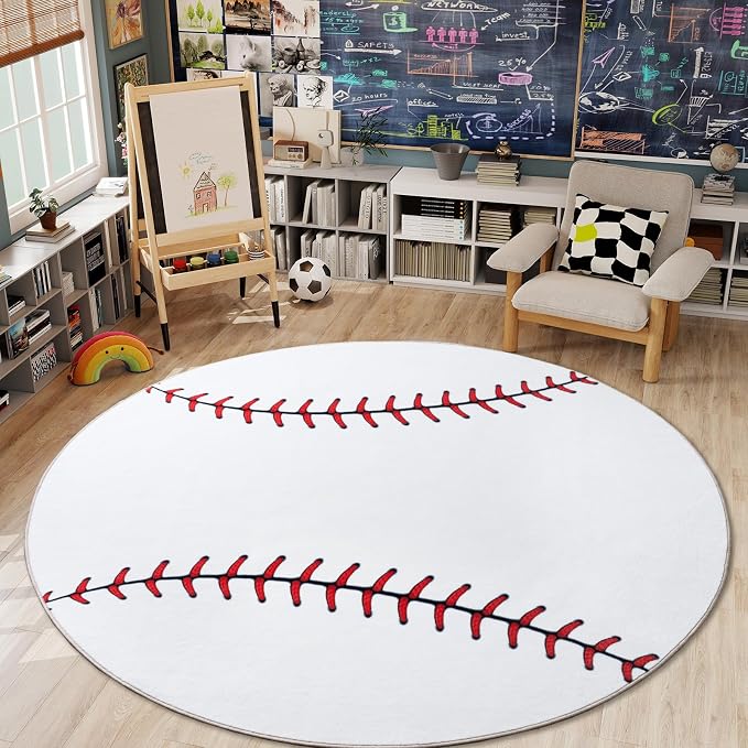 Soft Round Rugs for Bedroom, Baseball Rug for Boys, Bedside Area Kids Carpet by ForEveryonesLittleComfort