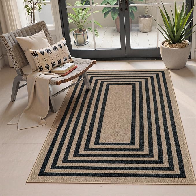 Lahome Modern Geometric Easy Jute Outdoor Rug, 3x5 Black Washable Kitchen Rugs by Lahome