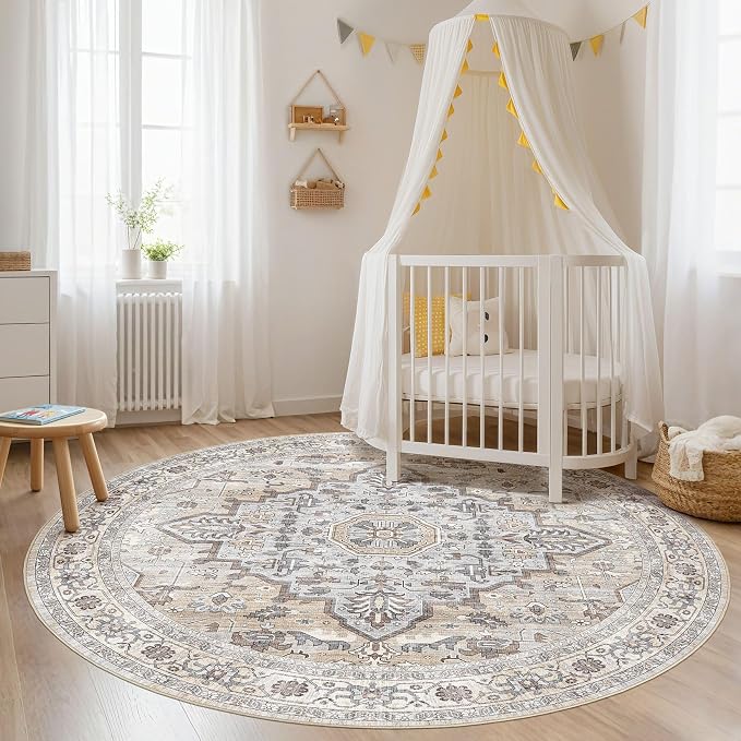 Round Rug Living Room Rugs: 8x8 Washable Boho Neutral Large Circle Soft Indoor - Image 6
