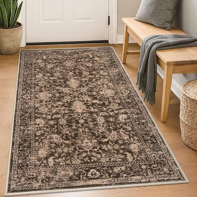 KILOCOCO Area Rug 3x5 Entryway Rug Washable Printed Vintage Floral Rubber by Kilococo