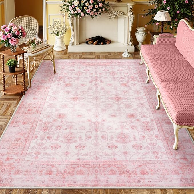 LIVEBOX 8x10 Pink Area Rug for Living Room, Vintage Soft Washable Bedroom Area - Image 8