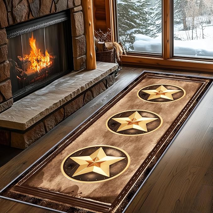 Gold Five-Point Star Runner Rug, 2x8ft Washable Hallway Badge Carpet, Corridor by LGGLOVELIN