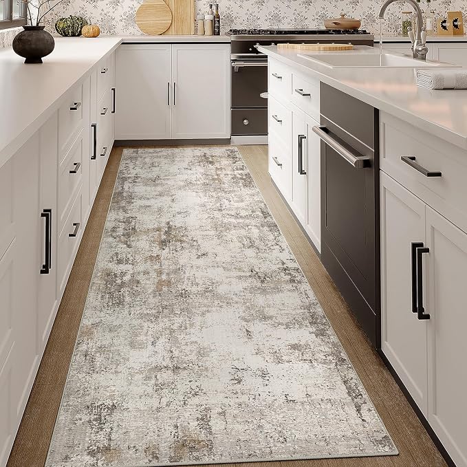 3x7 Washable Runner Rug Brown Grey Abstract Hallway Kitchen Throw Rug Neutral by WondRg