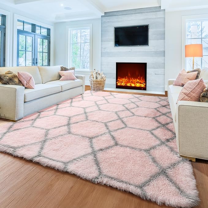 ONASAR Area Rugs for Bedroom Living Room, Washable 4x6 Fluffy Pink and Grey - Image 3