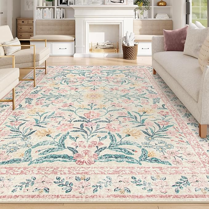 Wonnitar Floral Large Rugs for Living Room, Soft Light Pink Rug Washable 9x12 - Image 7