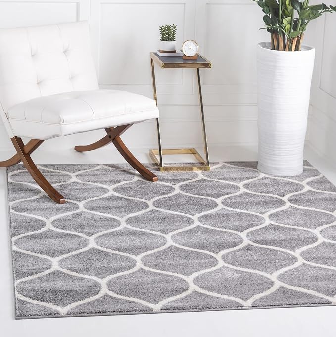 Rugs.com Lattice Frieze Collection Rug – 5' Square Light Gray Medium Rug Perfect by Rugscom