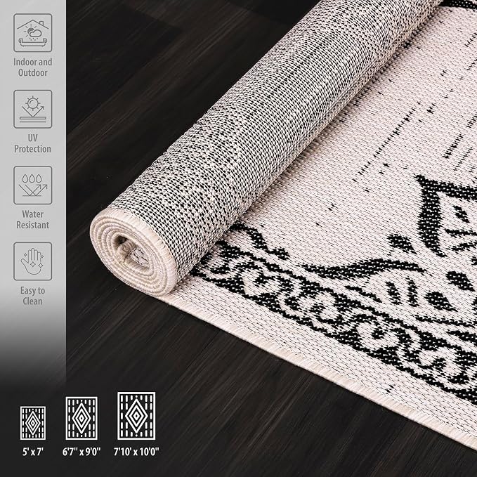 CAMILSON Outdoor Rug, 8x10 Medallion White Black Modern Area Rugs - Image 9
