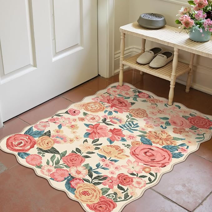 Washable Floral Area Rug 2x3 Beige Small Entryway Carpet Scalloped Flower Non by PureCozy