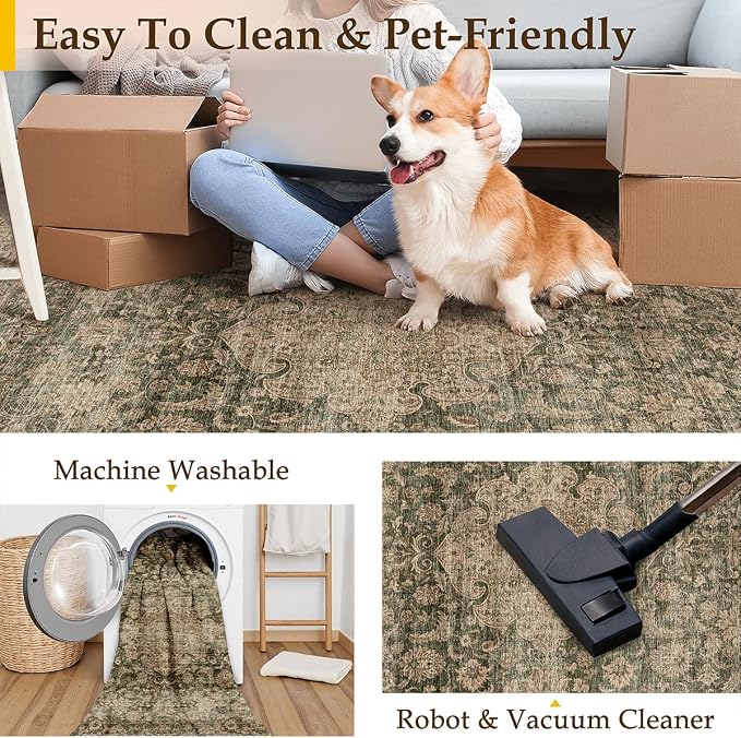 2x8 Washable Vintage Runner Rug Green Brown Hallway Kitchen Carpet Non-Slip - Image 4