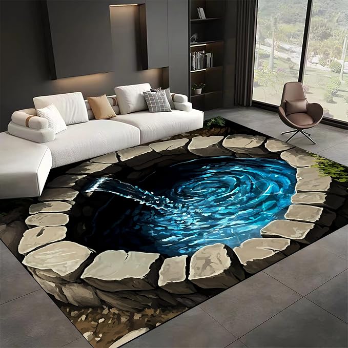 3D Well Waterfall Bedroom Carpet, Visual Illusion Deep Hole Entrance Rug by Unknown