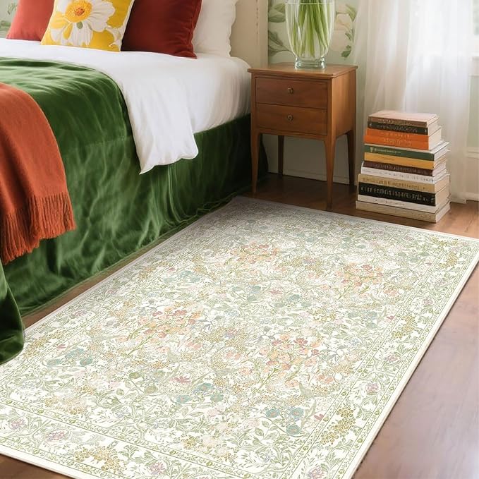 Boho Sage Green Bedside 3x5 Washable Rug by Lunasun