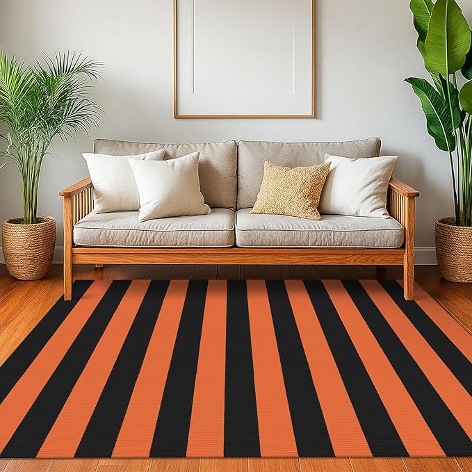 KOZYFLY Striped Outdoor Rug 4x6 Ft Orange and Black Halloween Fall Hand Woven - Image 2