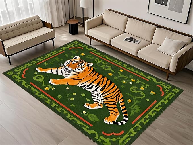 Jungle Tiger Area Rug, Cozy Jungle Style Tiger Print Area Rug Surrounded by by Unknown