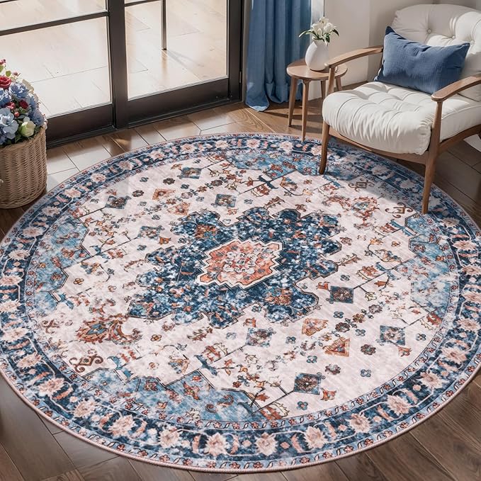 Tangsoo Vintage Round Rug 4ft, Washable Circle Rug, Non Slip Small Boho Round by Tangsoo