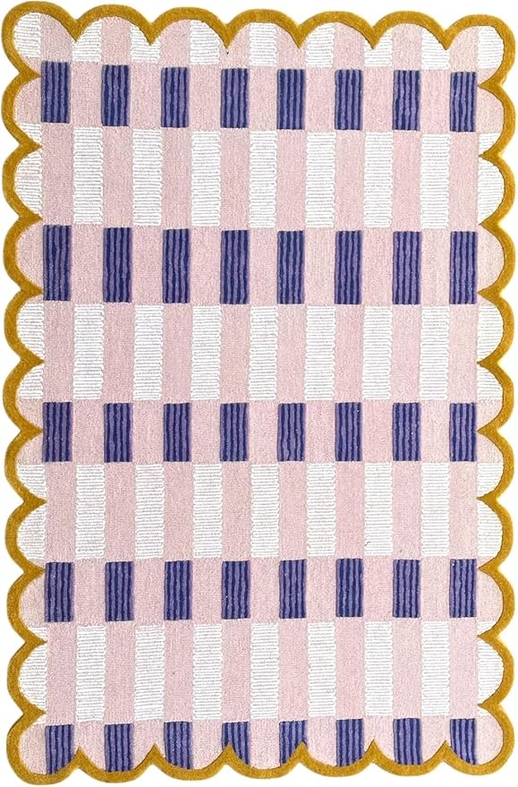 Hand-Tufted Wool Rug with Scalloped Edges, Light Blue Plaid Pattern, Cozy Soft by Unknown