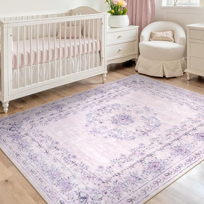 Wonnitar Floral Bow Print Purple Rug, 5x7 Washable Rug by Wonnitar