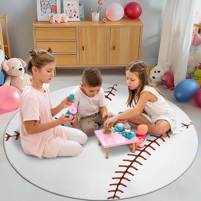 Soft Round Rugs for Bedroom, Baseball Rug for Boys, Bedside Area Kids Carpet - Image 2
