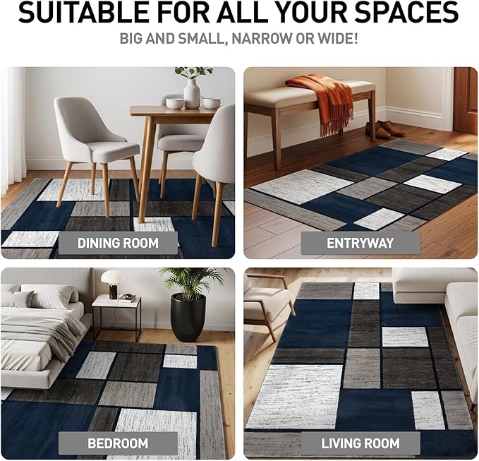 Rugshop Modern Geometric Boxes Navy Area Rug, Fade-Resistant Carpet - Image 3